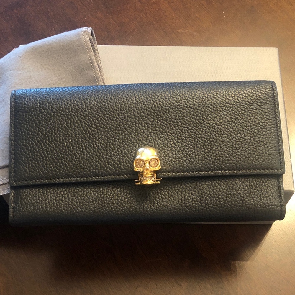 Alexander McQueen Black Wallet with Gold Skull Accent